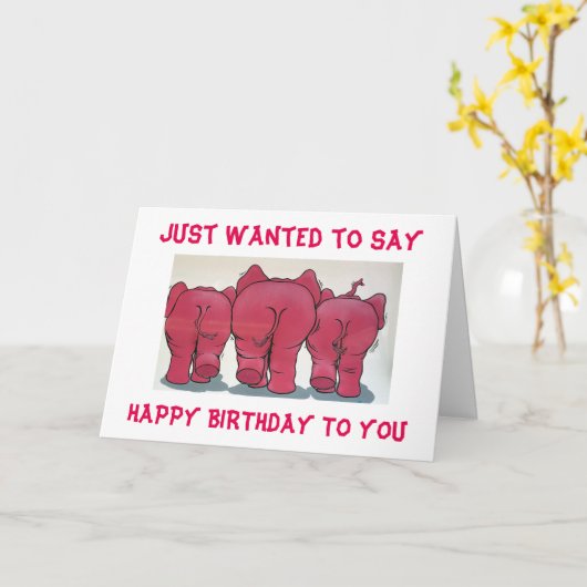 CARTE GROUPE D'ÉLÉPHANTS ROSES HEUREUX ANNIVERSAIRE À VO (Fleur jaune)