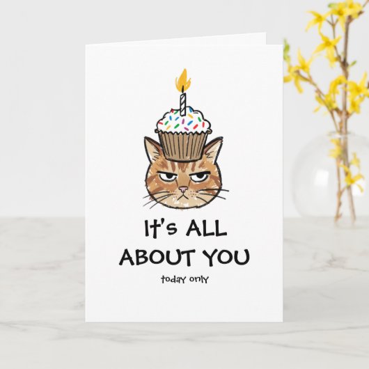 Carte Grumpy Cat Cupcake "It's All About You" Funny  (Fleur jaune)