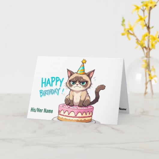 Carte Grumpy Cat sur gâteau (Fleur jaune)