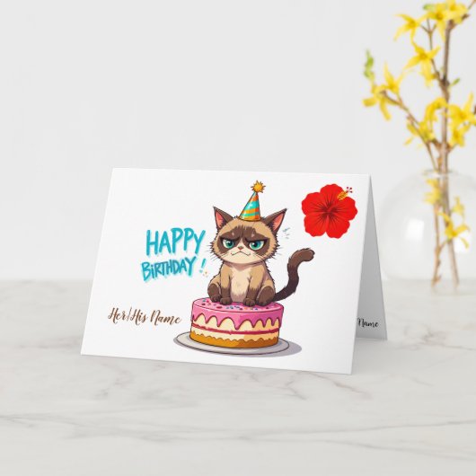 Carte Grumpy Cat sur gâteau d'anniversaire Drôle Joyeux (Fleur jaune)