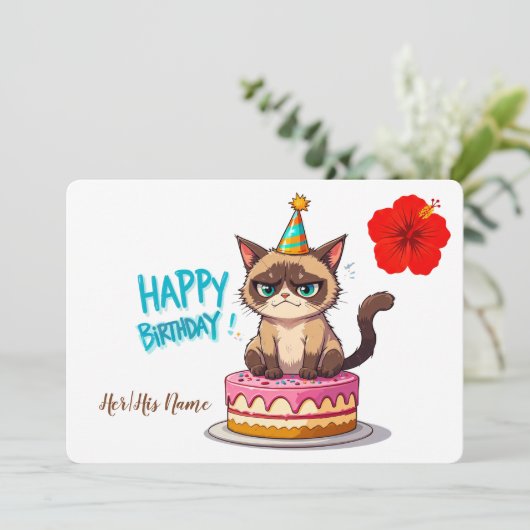 Carte Grumpy Cat sur gâteau d'anniversaire Drôle Joyeux (Debout devant)