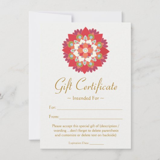 Carte Guérison Arts Red Lotus Flower Certificat cadeau (Devant)