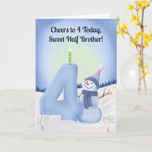 Carte Half Brother 4th Birthday Snowman with Snowy Four (Fleur jaune)