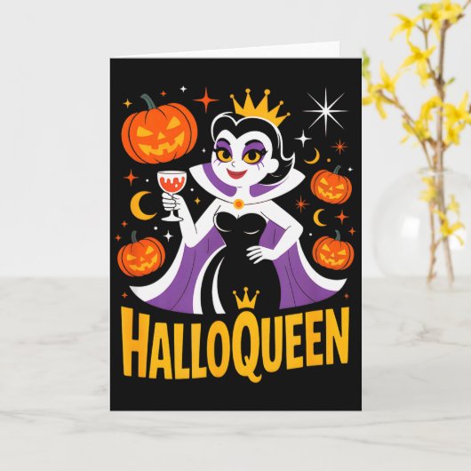 Carte Halloqueen Retro Vamre Queen Halloween Pumpkins Ba (Fleur jaune)