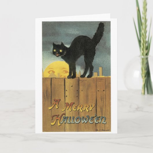 Carte Halloween à l'ancienne, chat noir et pleine lune (Devant)