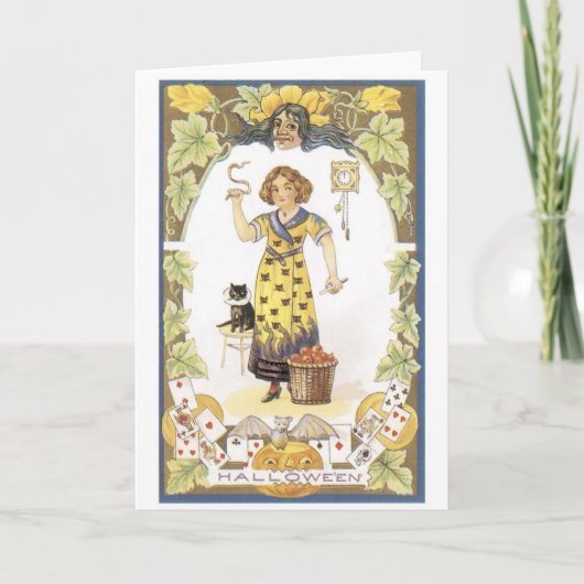 Carte Halloween à l'ancienne, Fille avec chat noir (Devant)