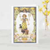 Carte Halloween à l'ancienne, Fille avec chat noir (Fleur jaune)