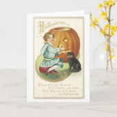 Carte Halloween à l'ancienne, Fille avec chat noir (Fleur jaune)