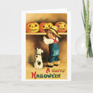 Carte Halloween à l'ancienne, garçon avec chiot