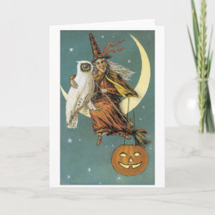 Carte Halloween à l'ancienne, sorcière avec hibou
