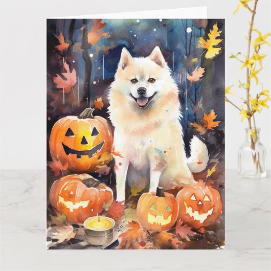 Carte Halloween American Akita avec citrouilles effrayan (Fleur jaune)