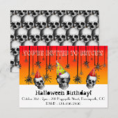 Carte Halloween Anniversaire orange crânes noirs casquet (Devant / Derrière)