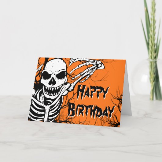 Carte Halloween Anniversaire Squelette Éffrayant Orange  (Devant)