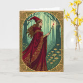 Carte Halloween Art nouveau rouge sorcière (Fleur jaune)