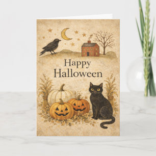 Carte Halloween Art Populaire Chat Noir Primitif