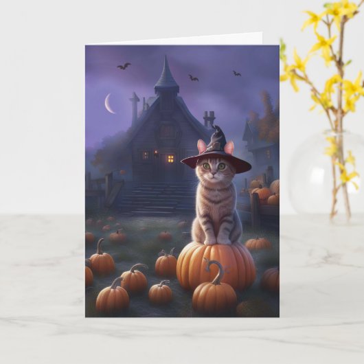 Carte Halloween avec chat mignon et manoir d'horreur Cit (Fleur jaune)