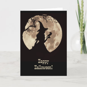 Carte Halloween avec Jolie Sorcière et Raven Silhouetté