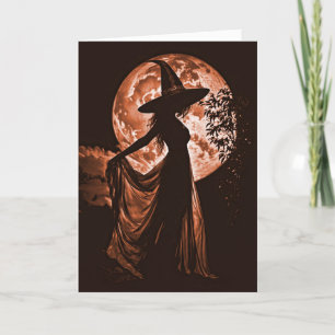 Carte Halloween belle sorcière Silhouetté en Orange