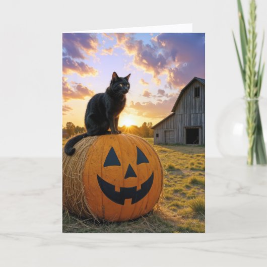Carte Halloween Black Cat On Pumpkin Hay Bale (Devant)