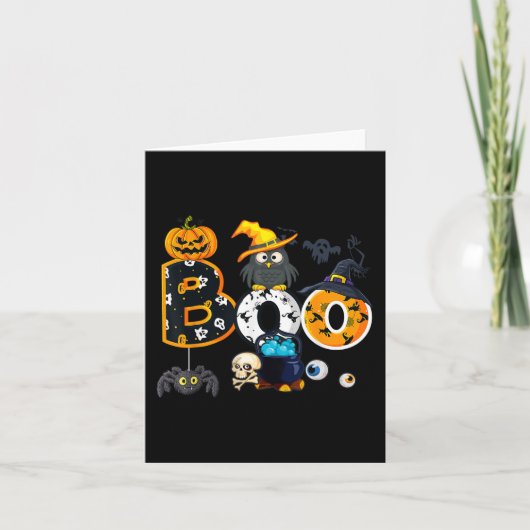 Carte Halloween Boo Owl Avec Sorcière Casquette Araignée (Devant)
