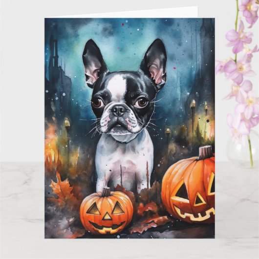 Carte Halloween Boston Terrier avec la peur Citrouille (Orchidée)