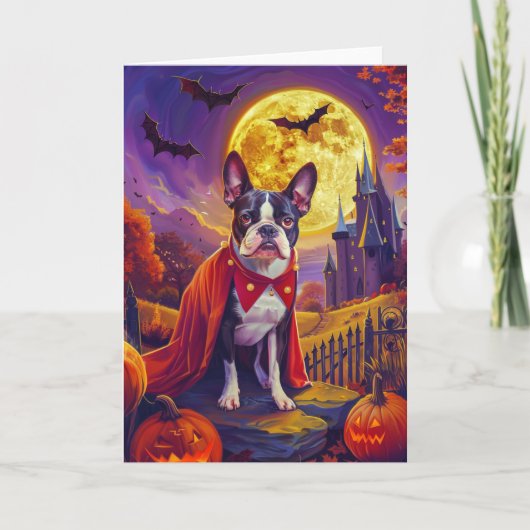 Carte Halloween Boston Terrier Chien Citrouille peur (Devant)