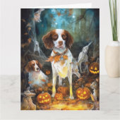 Carte Halloween Brittany Spaniel avec citrouilles effray (Devant)