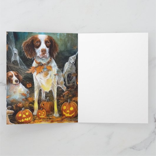 Carte Halloween Brittany Spaniel avec citrouilles épouva (Intérieur)
