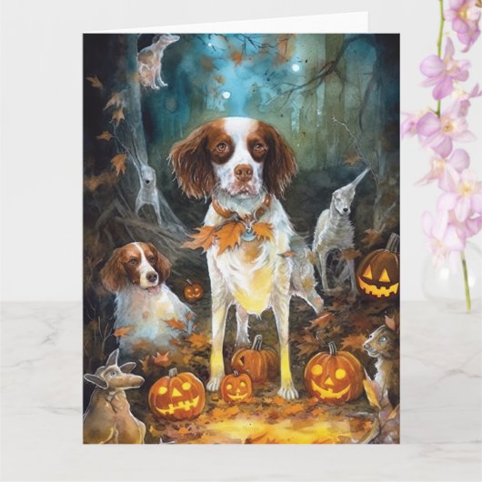 Carte Halloween Brittany Spaniel avec citrouilles épouva (Orchidée)