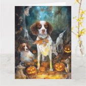 Carte Halloween Brittany Spaniel avec citrouilles épouva (Fleur jaune)