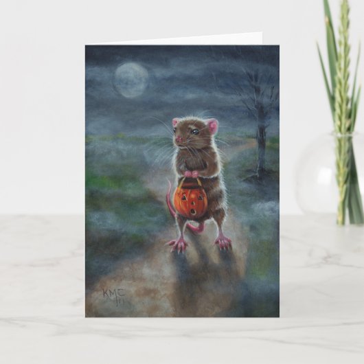 Carte Halloween card Rat Pumpkin basket full moon fog (Devant)