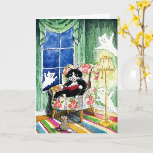 Carte Halloween Cat Mouse Cute Spooky card (Fleur jaune)