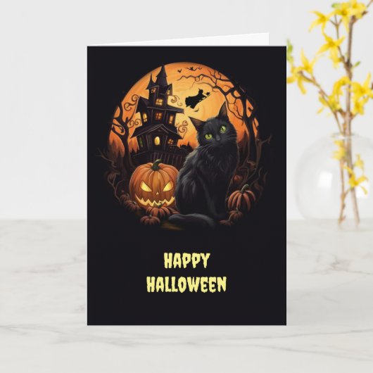 Carte Halloween Chat et Haunted House Jack-o'-lantern (Fleur jaune)