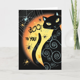 Carte Halloween, chat noir, huent !