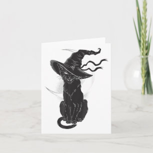 Carte Halloween Chat Noir Sorcière Casquette Lune