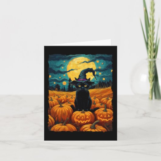 Carte Halloween Chat noir Van Gogh Witch Kawaii Citrouil (Devant)