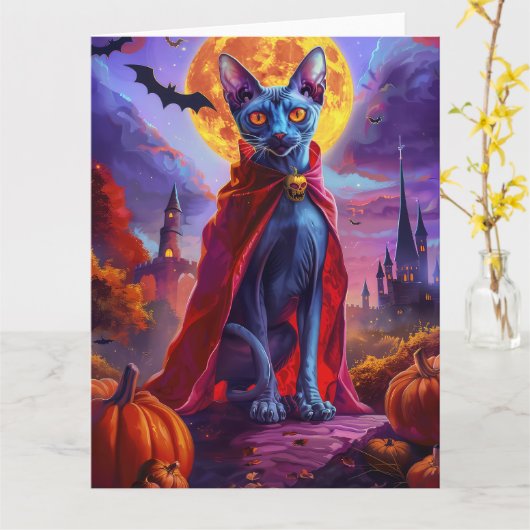 Carte Halloween Chat Oriental Bleu Vampire Citrouilles É (Fleur jaune)