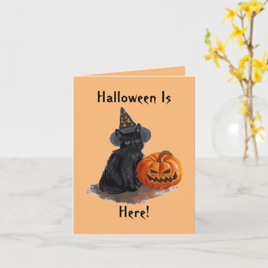 Carte Halloween Chat Sorcière Vintage (Fleur jaune)