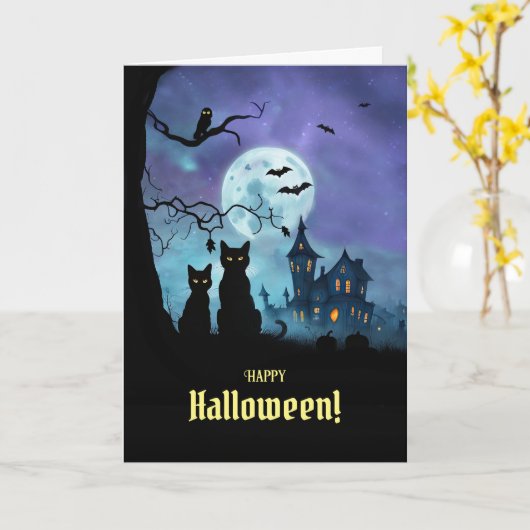 Carte Halloween Chats Noirs Chouette Chauve Chauve Chauv (Fleur jaune)