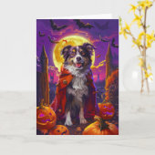 Carte Halloween Chien Berger Australien Citrouille peur (Fleur jaune)