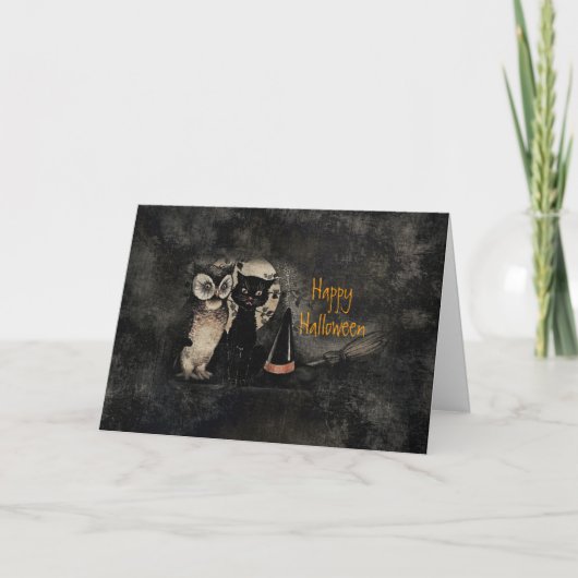 Carte Halloween Chouette vintage et Chat (Devant)