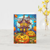 Carte Halloween Citrouille et Maison hantée (Fleur jaune)