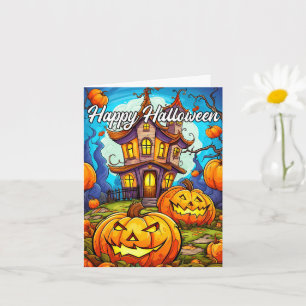 Carte Halloween Citrouille et Maison hantée