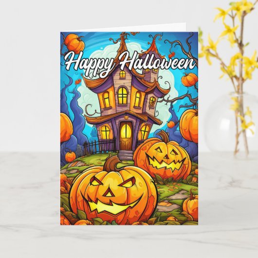 Carte Halloween Citrouille et Maison hantée (Fleur jaune)