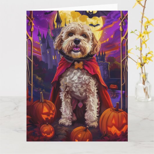 Carte Halloween Cockapoo Vampire Citrouilles effroi (Fleur jaune)
