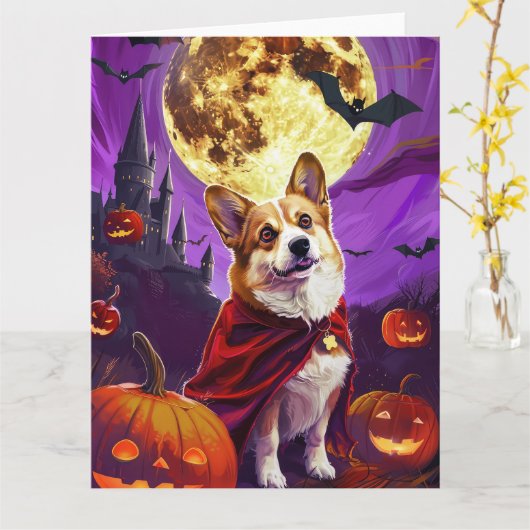Carte Halloween Corgi Vampire Citrouilles effroi (Fleur jaune)