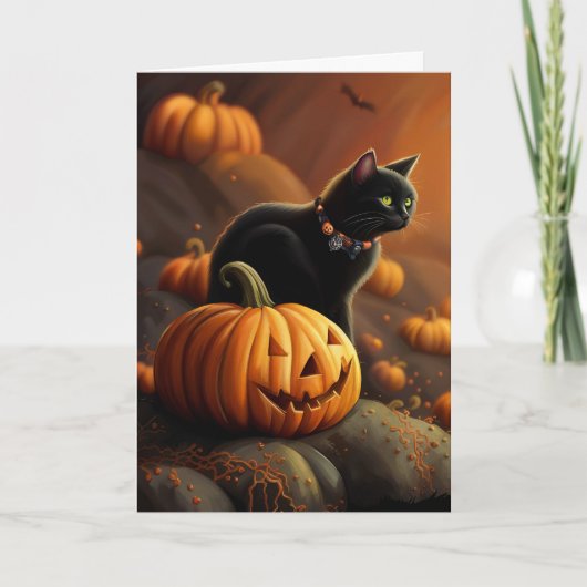 Carte Halloween Cute Black Cat et Jack-o'-lantern (Devant)