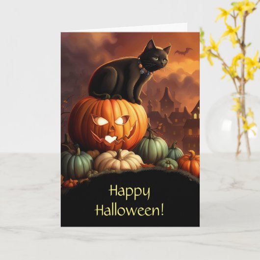 Carte Halloween Cute Black Cat et Jack-o'-lantern (Fleur jaune)