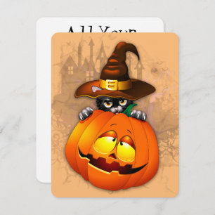 Carte Halloween Cute Kitty Witch et ami Citrouille
