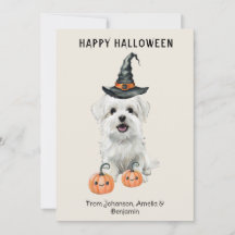 Carte Halloween de chien blanc mignon | Chapeau de